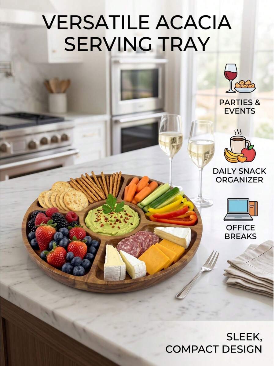 1pc Creative Acacia Wood Multi-Compartment Solid Wood Serving Tray, With Dip Sauce Compartment, Sushi Bread Snack Dessert Platter, For Family Gathering Outdoor Camping Picnic, Wedding Party Display, Autumn Harvest Festival Valentine's Day Halloween Christmas Gift, Back To School Home Kitchen Storage Accessory