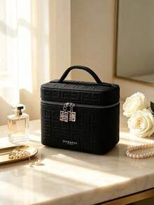 Embossed Large Capacity Cosmetic Bag, Portable Storage Bag For Skincare And Makeup, Scratch-Resistant And Wear-Resistant, Travel, Business Trip, Home Organization, Gift For Best Friend, Birthday, Holiday, Souvenir, GIVENCHY - Black - View 9