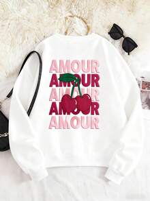Women's Casual White Long Sleeve Round Neck Sweatshirt With Amour Cherry Print, Drop Shoulder Pullover Top,  Fall Streetwear - White - View 5