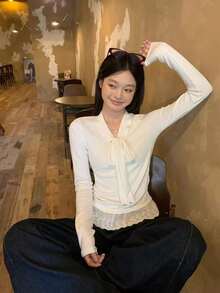 女款蝴蝶結蕾絲飾邊長袖T恤，韓系新風層次感上衣 - 白色 - 查看 2