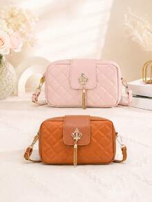 1pc Women's Luxury Quilted Small Square Bag, Crown Tassel Decor Crossbody Bag, Adjustable Strap Minimalist Versatile Camera Bag - M1915 - View 2