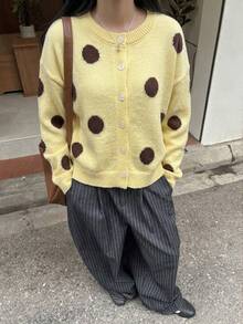 Cardigan Polkadot Vintage Wanita, Sweater Lengan Panjang Leher Bulat Kancing Depan, Cocok untuk Musim Gugur/Musim Dingin - Kuning - View 2