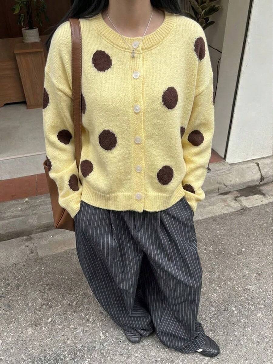 Cardigan Polkadot Vintage Wanita, Sweater Lengan Panjang Leher Bulat Kancing Depan, Cocok untuk Musim Gugur/Musim Dingin