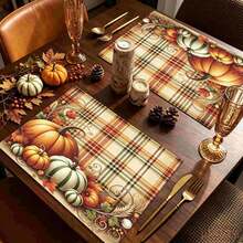 1/4/6pcs Autumn Series Plaid Pumpkin Vintage Pattern Printed Placemats, Heat-Resistant Table Mats For Home Kitchen/Kitchen Table Protection, Party Scene Decoration - Multicolor - View 3