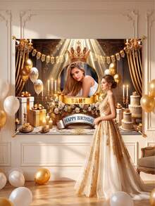 1pc-Personalized Birthday Banner, Customizable Party Decoration, Personalized Birthday Decor-Customizable Name & Photo Birthday Banner, Shiny Luxury Black & Gold Theme, Suitable For Any Age Birthday Banner. Made Of Durable Polyester Material, Suitable For Indoor & Outdoor Decoration, High-Quality Fabric, 2D Flat Design, Suitable For Indoor & Garden Layout, Perfect For Photo Backdrop, Celebration Events, - Multicolor - View 3