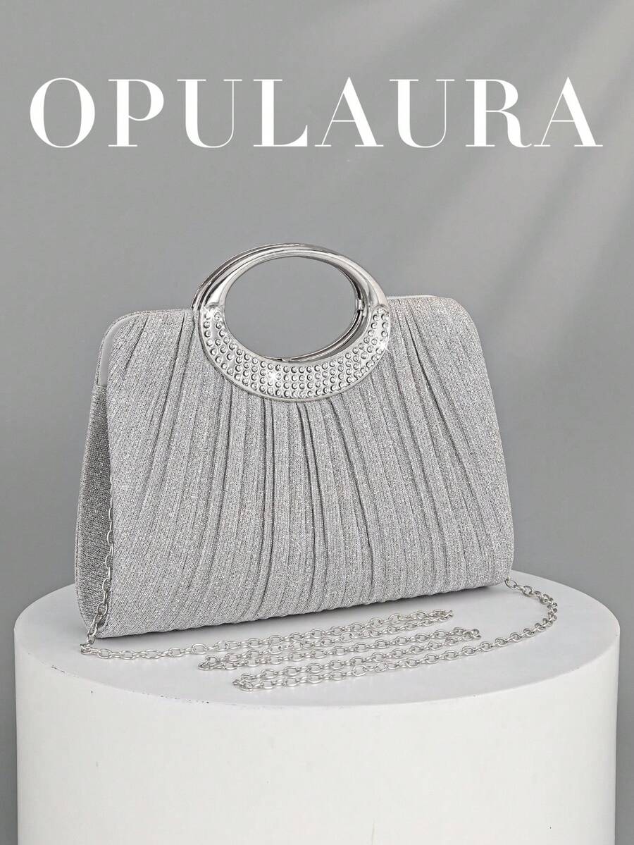 OpulAura 女款時尚閃亮水晶水鑽晚宴手拿包,亮片奢華水鑽鑲嵌正式禮服包,新娘婚禮用品,亮眼單品 - 銀色 - 查看 1