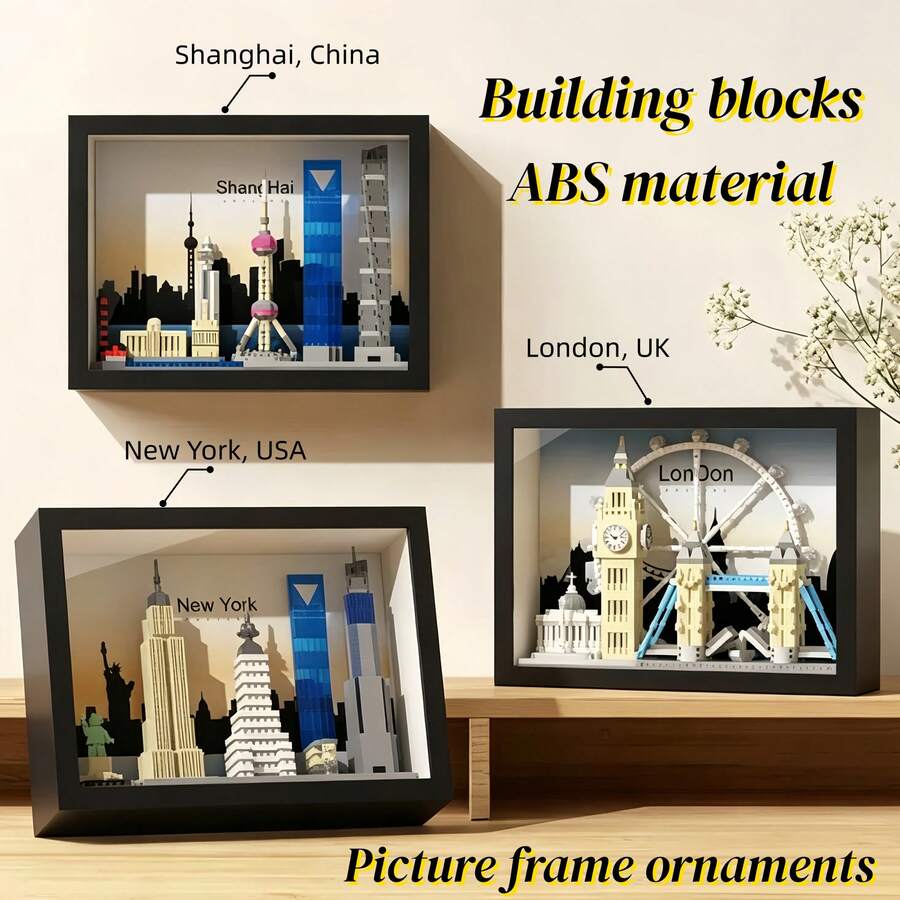 World Landmark Architecture Series, ABS Material, Multi-Piece Frame Set, Children's Building Block Toy Set, Suitable For Desktop Decor/Wall Hanging. Includes: Paris, London, New York, Shanghai, Dubai. Fashionable Gift For Eid, Halloween, Christmas, Back To School And Other Major Holidays. - Multicolor - View 1