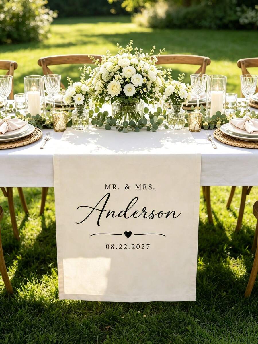 1pc Personalized Wedding Table Runner, Customized Couple Name Table Decor, Linen Reception Table Runner, Sweetheart Table Decoration, Wedding Reception Party Supplies, Bridal Shower Decor, Anniversary Gift - Multicolor - View 1