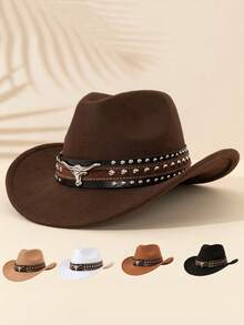Men Retro Western Cowboy Hat, Bull‑Head Studded Wide Brim Felt Hat, Halloween Christmas Party Costume Accessory - Multicolor - View 1