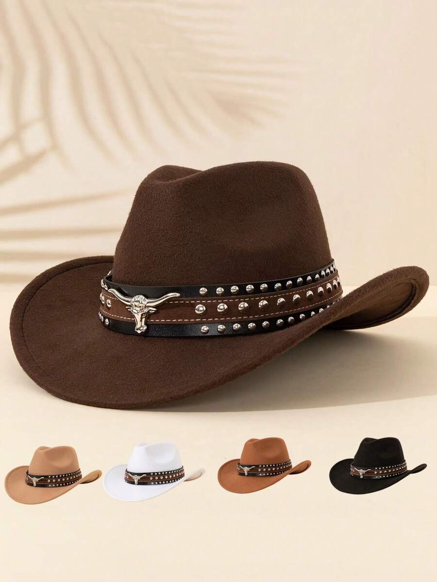 Men Retro Western Cowboy Hat, Bull‑Head Studded Wide Brim Felt Hat, Halloween Christmas Party Costume Accessory - Multicolor - View 1