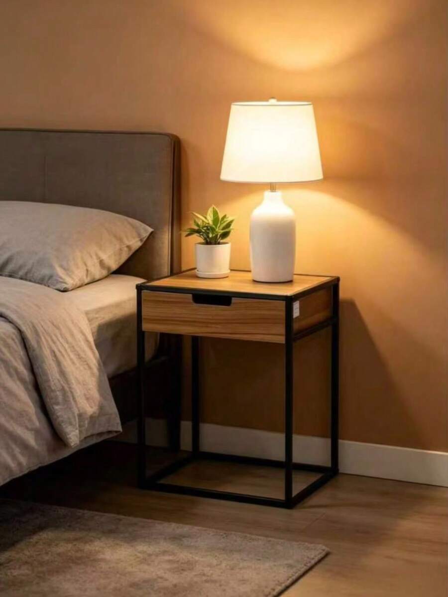 Minimalist Metal Bedside Table With Finish In Walnut Wood Grain And Drawers, 40*30*50cm. Economical Space With Large Storage Capacity, Suitable For Bedrooms And Living Rooms In Any Style. - Multi-color/1 Coffee Table/Color Random - View 1