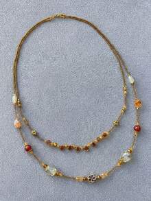 1pc Double Layer Vintage Long Necklace, Gold & Multicolor Beads Collarbone Chain, Suitable For Autumn/Winter Sweater Matching - Multicolor - View 6