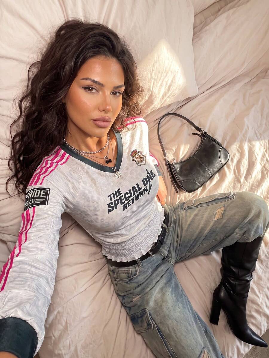 Women's Casual Madrid Jersey V-Neck Shirred Allover Print Slim Fit Long Sleeve T-Shirt For Daily Fall&Winter,Going Out Tops,Vacation Outfits Women - White - View 1