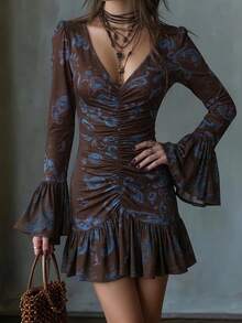 Women's Vintage Brown Knit Deep V-Neck Dress, Ruffle Hem, Long Sleeve Fitted Mini Dress, Suitable For Autumn Wear - Brown - View 5