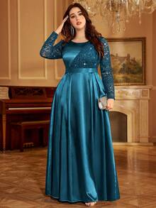 Sequin Lace Colorblock Satin Ruffle Hem Elegant Ball Gown, Formal Dress For Prom, Valentine's Day, Wedding Guest, Birthday, Homecoming, Formal Occasion, Holiday - Dusty Blue - View 7