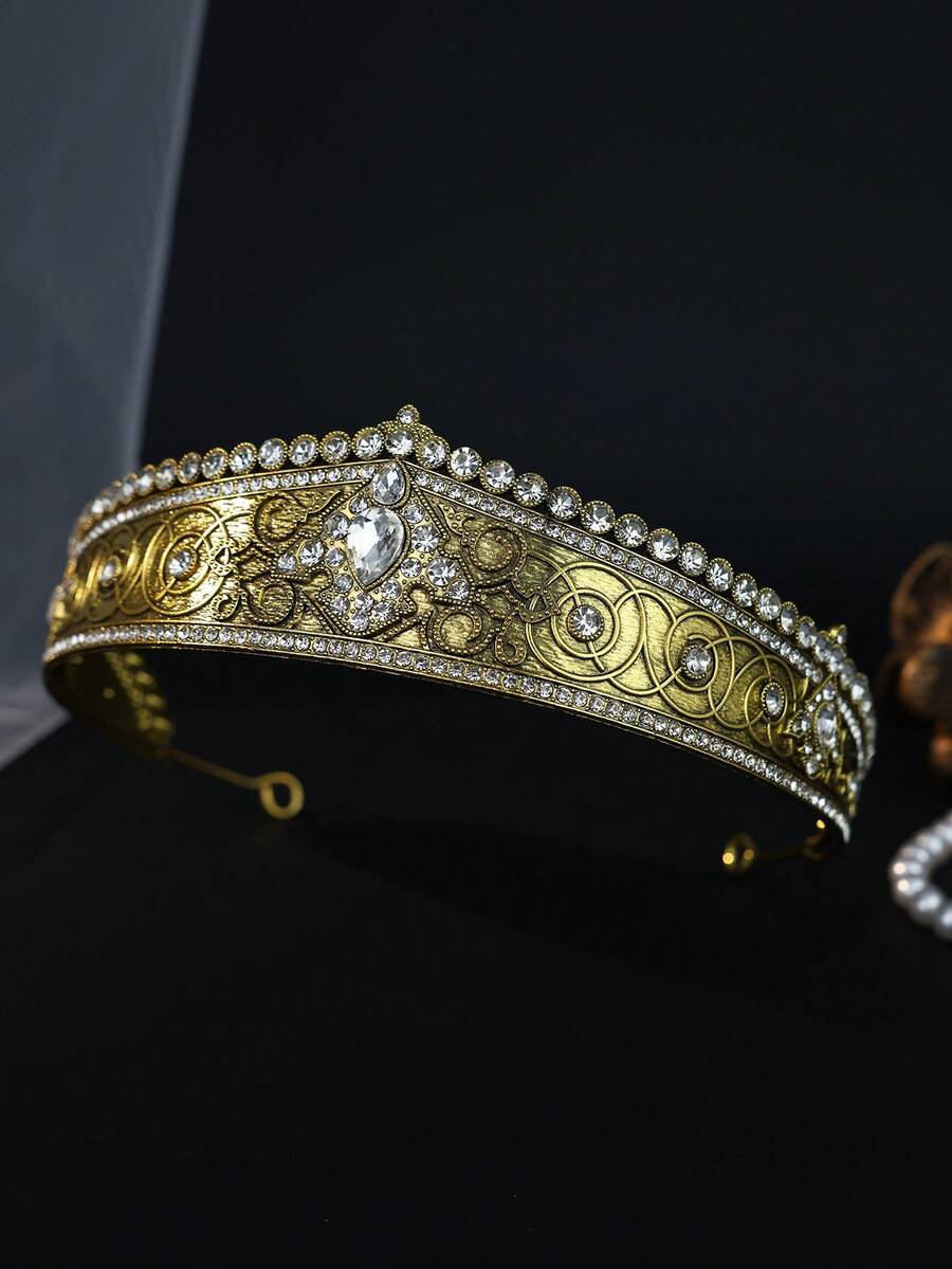 1pc Baroque Gold Rhinestone Tiara Crown Vintage Crystal Queen Headband Bridal Wedding Prom Evening Party Hair Jewelry - Gold - View 1