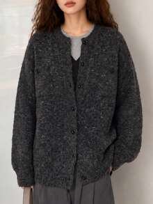 Women's Autumn/Winter Minimalist Lazy Casual Loose Round Neck Cardigan Jacket - Dark Grey - View 4