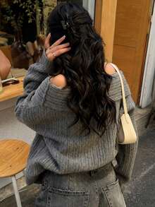 Women's Autumn/Winter Vintage Cold Shoulder Silver Gray Knit Top, Suitable For Daily Wear And Party Occasions. Women's Autumn/Winter First Choice Outfit Suitable For Halloween, Christmas, Daily Commute, Dating, Travel And Various Occasions New Year Beer Festival - Grey - View 6