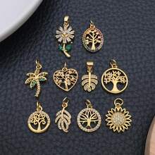 1pc 18K Golden Plated Charms Tree Of Life Palm Sunflower Daisy Leaf Enamel Rhinestone Pendants For DIY Bracelet Necklace Jewelry Making Findings - Gold - View 2