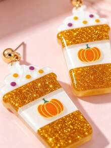1 Pair Cute Cupcake Design Earrings, Color Block Glitter Women's Fashion Jewelry, Perfect Gift For Holiday Parties - Orange - View 2