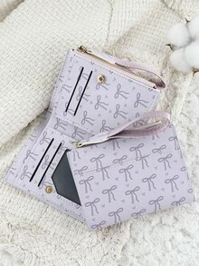 Fashionable Bow Printed Short Wallet, Foldable Buckle Portable Cash, Credit Card Tassel Decoration Wallet, Suitable For Carrying Around - Purple - View 5