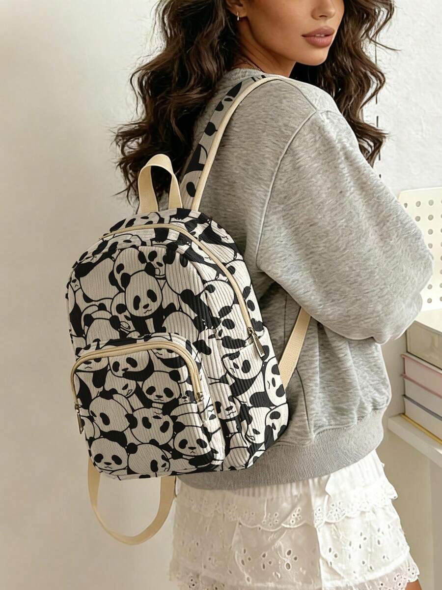 1 Piece Backpack, Women's Mini Backpack, Corduroy Girl's School Bag, Travel Storage Bag, Animal‑Printed Design, Large‑Capacity Foldable Easy‑To‑Store Bag, Lightweight And Pressure‑Relieving, Multi‑Pocket Layered Design With Zipper Closure - Red Panda 21045 - View 1