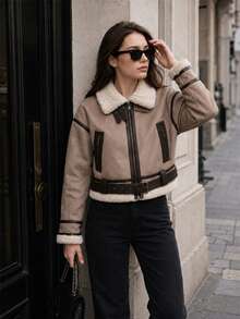Women Retro Loose Spliced Faux Leather Soft Fur Short Jacket Winter Female Zipper Belt Coat Vintage Outwear - Khaki - View 6