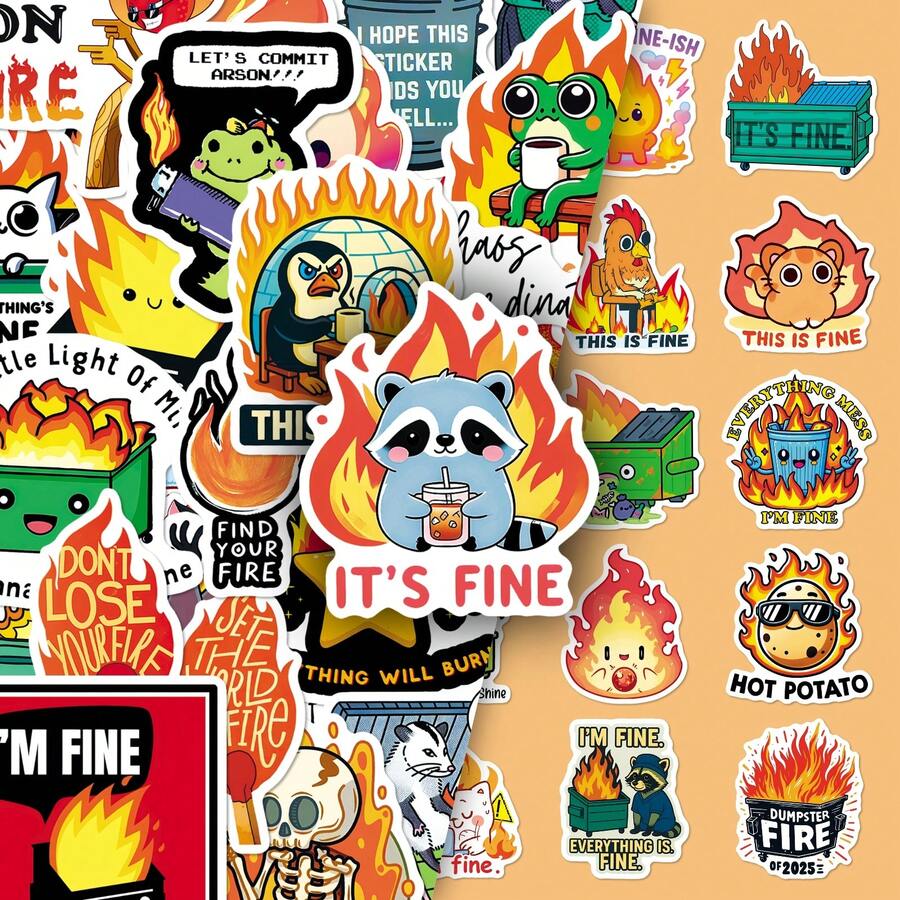 50pcs Cute Funny Fire Graffiti Creative Cartoon Chaos Daily Optimistic Slacker Decorative Desktop Tablet Stickers - Multicolor - View 1