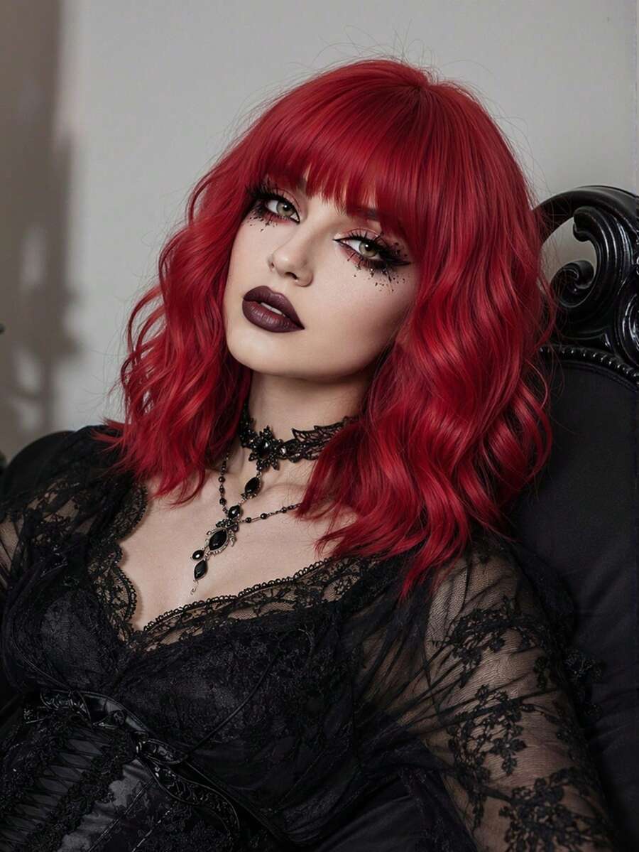 14 Inch Short Curly Wavy Wig With Bangs, Red Wavy Synthetic Heat Resistant Wig For Women And Girls, Suitable For Daily Wear, Parties, Cosplay, Halloween, Holiday Gifts