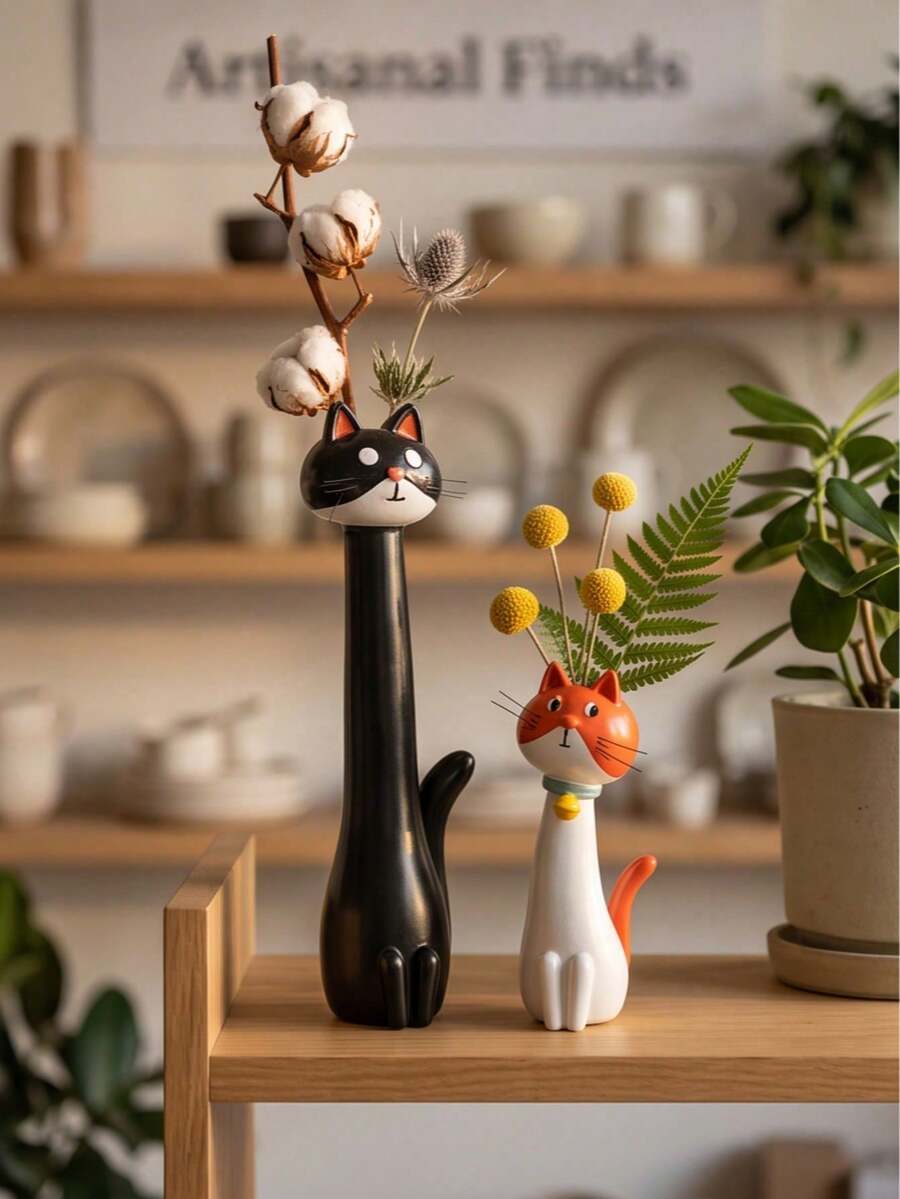 2pcs Long Neck Cat Resin Dried Flower Vase, Cute Cat Statue Flower Holder, Suitable For Home Desktop Bookshelf Decor, Lovely Gift For Cat Lovers And Animal Decor Collectors