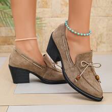 British Style Women's Leather Shoes 2026 Autumn New High Heel Bow Pointed Toe Slip-On Plus Size Shoes - Khaki - View 3