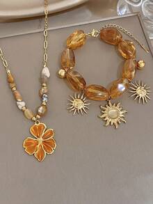 Caramel Color Flower Asymmetric Stone Chain Necklace Set For Women Sun Pendant Stainless Steel Chain For Party Birthday Autumn Winter Jewelry Gift - Multicolor - View 5