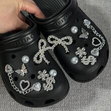 16pcs Silvery Heart Shaped Chain Shoe Charms | Bling Rhinestone Bow-Knot Dollar Shoes Decorations, Diy Removable Artificial Faux Bead Shoe Accessories - Silver - View 2