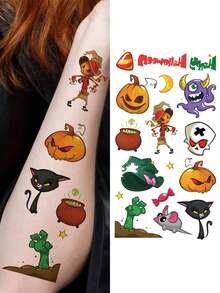 10 Sheets, Of 130pcs Halloween Series Element Pattern Temporary Tattoo Stickers, Cartoon Ghost Zombie Witch Black Cat Pumpkin Patterns, Waterproof And For 2-5 Days, Suitable As Halloween Party Gifts - Multicolor - View 5
