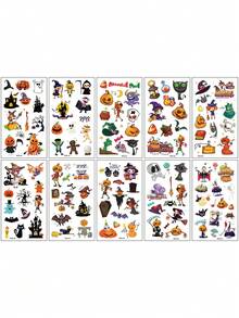 10 Sheets, Of 130pcs Halloween Series Element Pattern Temporary Tattoo Stickers, Cartoon Ghost Zombie Witch Black Cat Pumpkin Patterns, Waterproof And For 2-5 Days, Suitable As Halloween Party Gifts - Multicolor - View 9