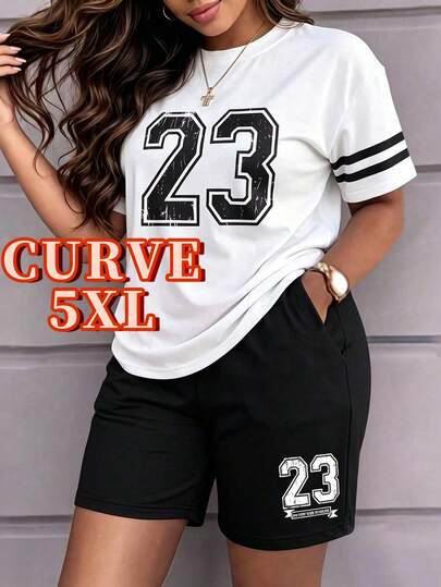 SRoinpar Women's Plus Size Sporty 23 Print Short Sleeve & Shorts Set, Casual Crew Neck 2 Pieces Outfit Black Elegant Summer