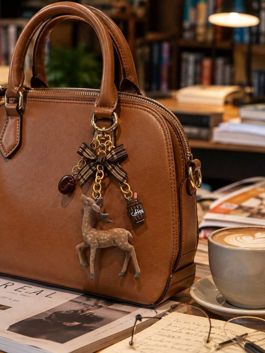 Y2k Retro Checkered Bow, Plush Deer, Coffee Bean Pendant, Keychain, Bag Hanging, As Decoration For Headphone Bag, Handbag, Suitable For Keys, Wallet, Handbag, Gift For Women, Lovers, Family, Friends, Unique Birthday, Holiday, Party Gift, Christmas - Multicolor - View 1