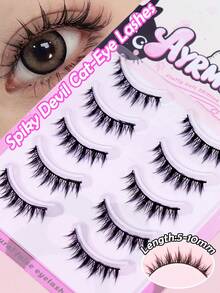 5 Pairs Spiky Devil Cat‑Eye False Eyelashes, Dramatic Upturned Outer Corner Design, Sharp Tapered Spiky Tips, Textured Jagged Lash Strands, Soft Mink‑Like Fiber, Flexible Invisible Band, Lightweight Comfortable Reusable Strip Lashes - Black - View 7