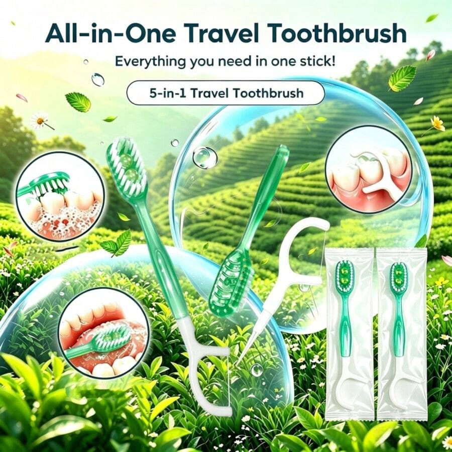 便攜式一次性迷你旅行牙刷,5合1預塗牙膏迷你刷 + 牙線 + 牙籤 + 舌刷,旅行便攜預塗牙膏牙刷,適合旅行、工作和日常使用,輕巧設計 - 綠色綠茶口味 - 查看 1