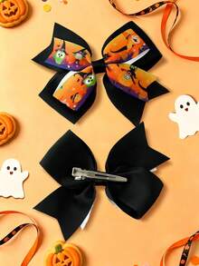 2pcs Halloween Bow Hair Clips For Girls Fashionable Gift Children Girls Hair Bows With Clips For Halloween Gift Festivals Party School - Green - View 6