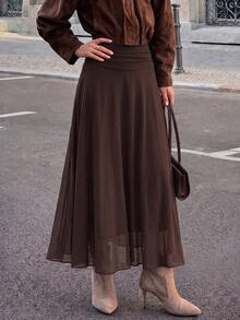 Yepolly-Pop Women's Spring/Summer High-Waist Ruched A-Line Long Skirt, Flowy Olive Green, Parisian Street Style, Elegant Back-To-School Outfit - Chocolate Brown - View 3