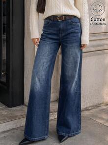 Celana Jeans Wanita Vintage Biru Tua Pudar Pinggang Tinggi Potongan Lebar dengan Efek Sobek, Minimalis Serbaguna Kasual untuk Perjalanan Sehari-hari - Biru - View 3