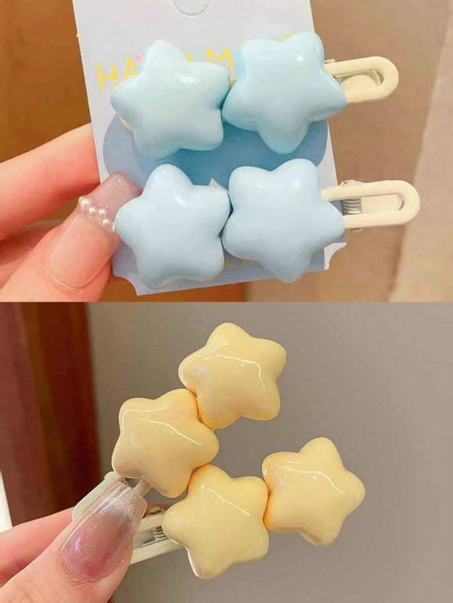 4pcs/2pcs Cream White Star & Yellow Pentagram Side Bang Hair Clips, Ins Sweet Cute Girl Hair Clips, Suitable For Women's Daily Wear - Yellow - View 1