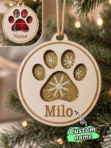 Custom Paw Print Christmas Ornament With Name, Personalized Wooden Pet Tree Decor, Rustic Plaid Holiday Style, Customized Christmas Hanging Ornament, Customizable Name Keepsake, Christmas Tree Decoration, Pet Lover Holiday Gift, Family, Friend - Multicolor - View 1