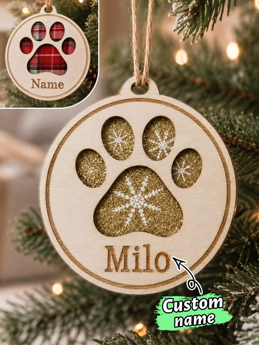 Custom Paw Print Christmas Ornament With Name, Personalized Wooden Pet Tree Decor, Rustic Plaid Holiday Style, Customized Christmas Hanging Ornament, Customizable Name Keepsake, Christmas Tree Decoration, Pet Lover Holiday Gift, Family, Friend - Multicolor - View 1
