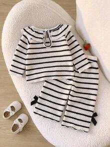 Baby Girl Black & White Striped Knit 2-Piece Set, Oversized Ruffle Collar Pullover Top + Bow Casual Long Pants Outfit - Black - View 3