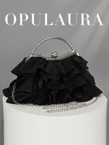 OpulAura 女士优雅迷人花瓣宴会手拿包，荷叶边设计正式晚宴包，适合婚礼/度假/正式派对/晚会，配有链条肩带，花瓣形状随机 - 黑色 - 查看 1