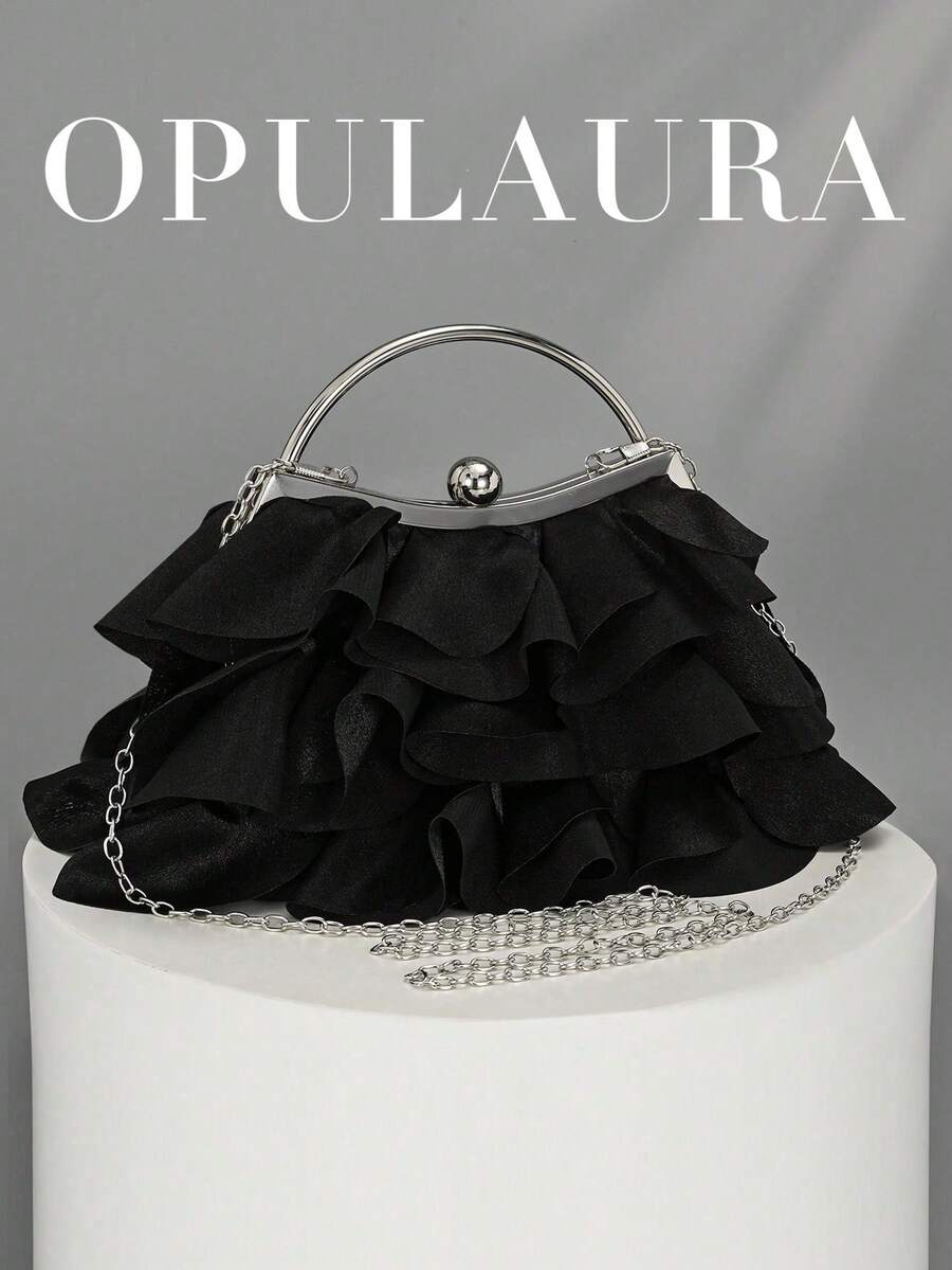 OpulAura 女士优雅迷人花瓣宴会手拿包,荷叶边设计正式晚宴包,适合婚礼/度假/正式派对/晚会,配有链条肩带,花瓣形状随机 - 黑色 - 查看 1