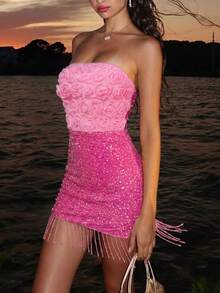 Women's Pink Strapless Mini Dress, 3D Rose Sequin Tassel Slim Fit, Suitable For Cocktail Parties And Nightclub Gatherings - Hot Pink - View 2