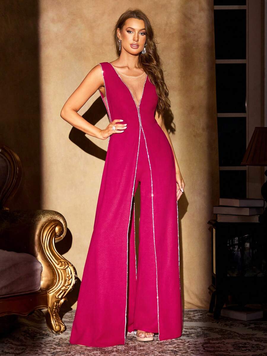 Diamond Chain Decor Deep V-Neck Sleeveless Split Leg High-End Evening Skort - Hot Pink - View 1